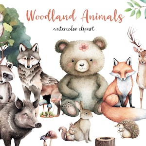 Watercolor Woodland Animals Clipart - Cute Forest Animals, Bear, Deer, Fox, Wolf, Wildboar, Woodpecker, Children&#39;s Decor, Nursery Clipart
