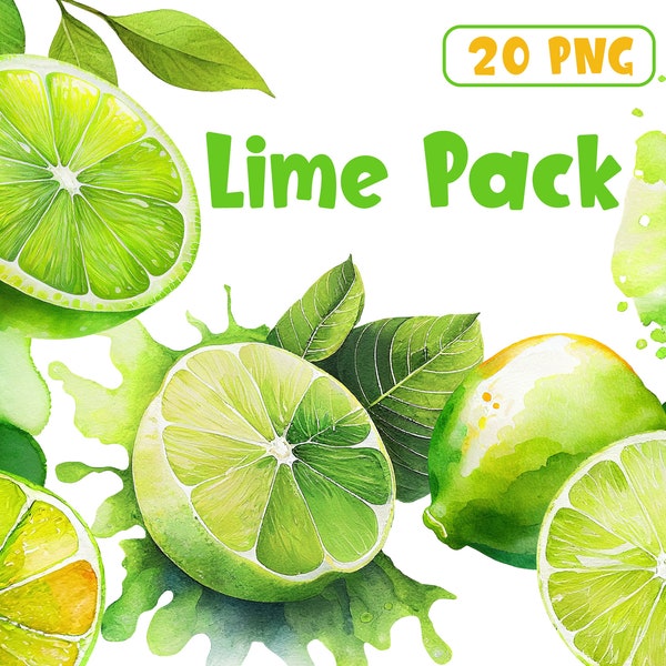 Watercolor Lime Clipart - Tropical Fruit, Citrus Fruit, Lime Slices, Lime Leaves Clipart, Summer Fruit PNG