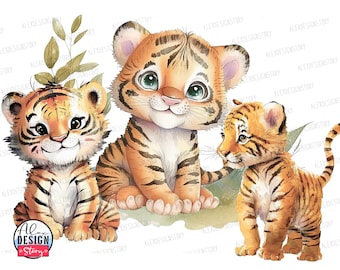 Watercolor Baby Tiger Clipart – Nursery Jungle Animal PNG (Digital Download)