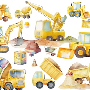 Aquarela Construção Veículos Caminhão basculante Guindaste ClipArt Escavador Canteiro de obras Decoração de aniversário Máquinas de construção Clipart Baustelle