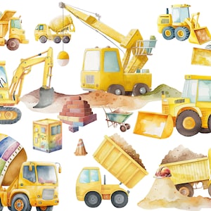 Watercolor Construction Vehicles Dump Truck Crane ClipArt Digger Construction Site Birthday Decor Construction Machines Clipart Baustelle