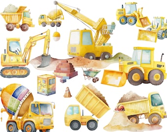 Clipart z akwarelowymi pojazdami budowlanymi: wywrotka, dźwig (pobranie cyfrowe)