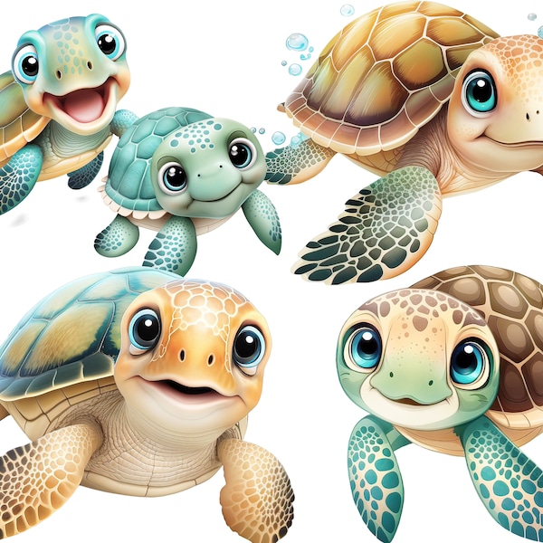 Mignon tortue de mer Clipart, océan animaux tortue de mer Png, enfants Art animalier, bébé tortue de mer, pépinière bébé douche graphiques, animaux marins mignons