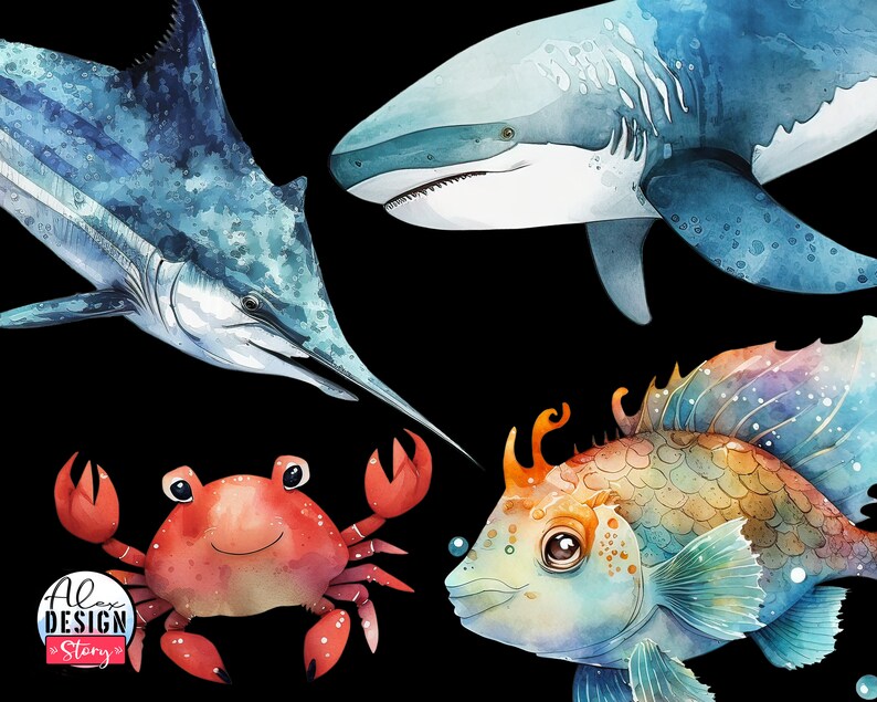 May include: Watercolor illustration of a blue marlin, a great white shark, a red crab, and a colorful fish with blue, green, and orange scales. The illustration is on a black background.