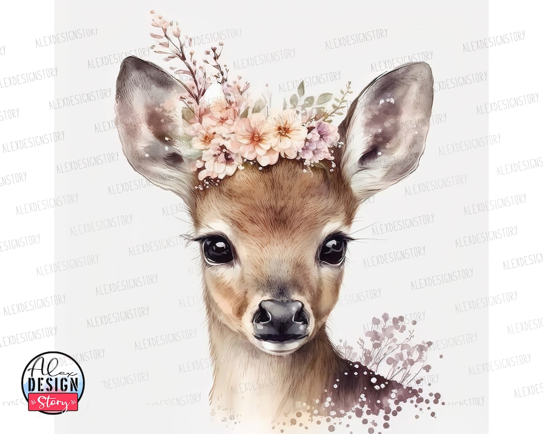 Watercolor Cute Deer Printable Woodland Deer Nursery Decor, Deer Flower ...