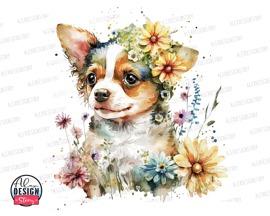 Watercolor Puppy Clipart- Cute Dog With Flowers, Puppy Flowers Dog ...