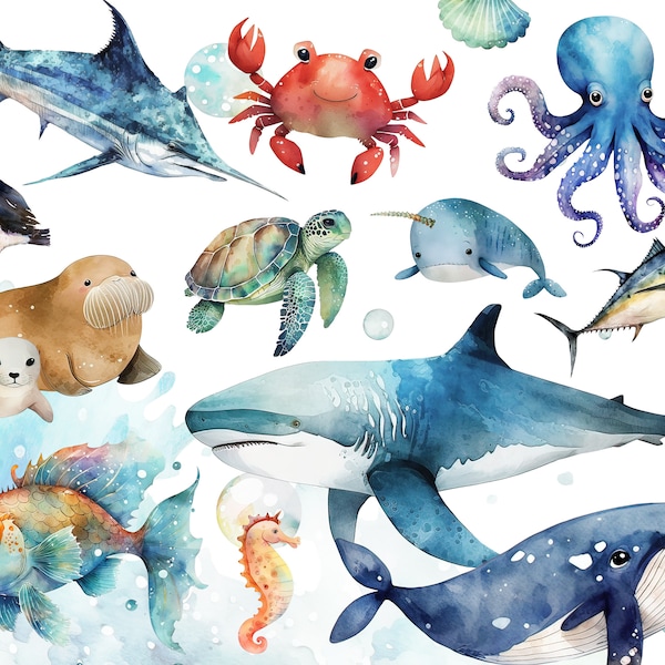 Watercolor Sea Animals Nursery Marine Life Clipart PNG Sealife Clipart Cute Sea Animals, Cute Ocean Decor For Kids Marine Animals Sea Fish