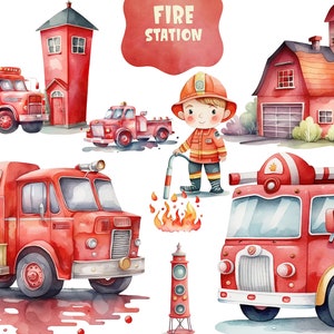Nursery Graphics Acquerello Firefighter Clipart Firetruck PNG Fire Station Bambini Fireman Clip Art Fire Rescue Firetruck Birthday Boy Clipart