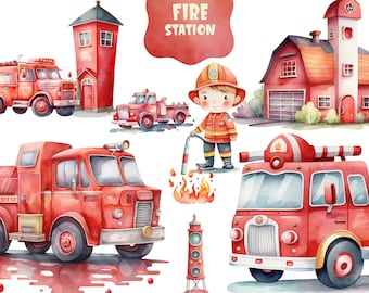 Nursery Graphics Watercolor Firefighter Clipart Firetruck PNG Fire Station Kids Fireman Clip Art Fire Rescue Firetruck Birthday Boy Clipart