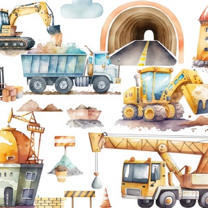 Watercolor Construction Vehicles Dump Truck Crane ClipArt Digger Construction Site Birthday Decor Construction Machines Clipart Baustelle