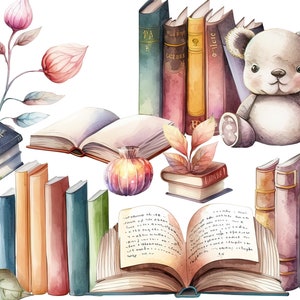 Watercolor Book Clipart - Old Books Bundle Library Clipart, Retro Scrapbooking Reading Clipart, Bookish Clipart Books Stacks, Bookstore