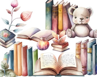Clipart z akwarelami - Stare książki, biblioteka clipartów, retro scrapbooking, czytanie clipartów, stosy książek, księgarnia