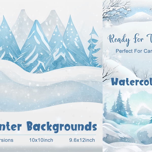 Winter Watercolor Backgrounds - Snowy Landscape Clipart, Card Background,  Snowy Scene Digital Item