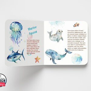 以下が含まれることがあります： クジラ、アザラシ、クラゲ、マグロ、ヒトデなど、海の生き物を描いた水彩画のイラスト。イラストは白地に青と緑の水彩で描かれており、ページの上部に茶色の文字で「Marine Fauna」と書かれている。