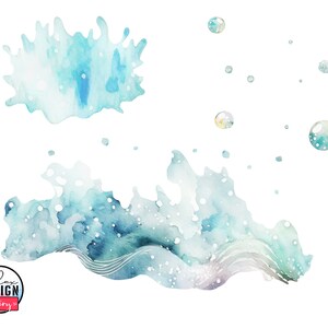 May include: Watercolor painting of blue and green water with white bubbles. The water is in a wave shape and there are several smaller bubbles scattered around the larger ones.
