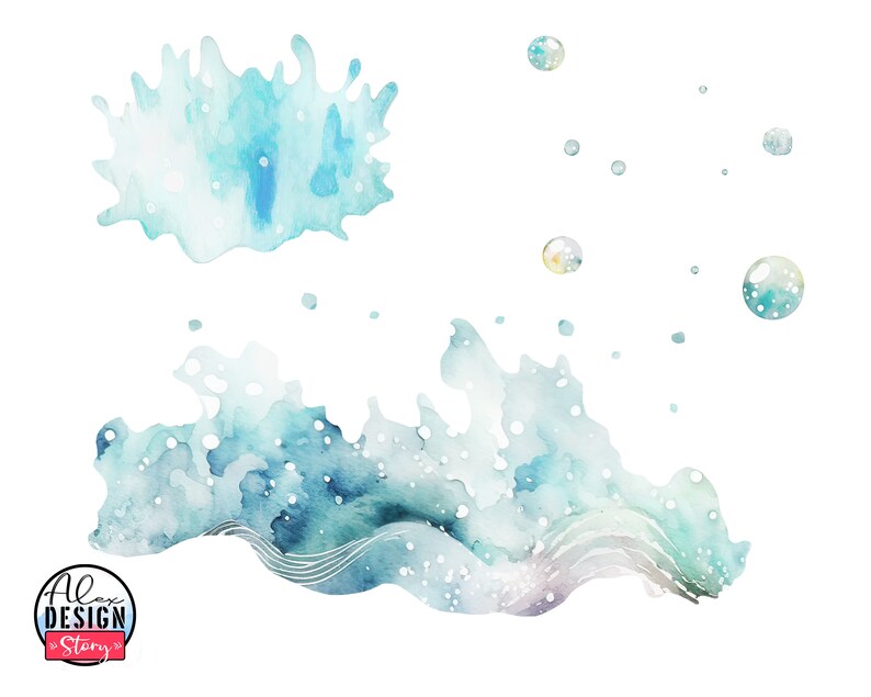 May include: Watercolor painting of blue and green water with white bubbles. The water is in a wave shape and there are several smaller bubbles scattered around the larger ones.