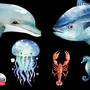 以下が含まれることがあります： 青いイルカ、青いマグロ、青いクラゲ、赤いロブスター、青いタツノオトシゴの水彩画。動物はすべて正面を向いており、黒い背景に配置されています。