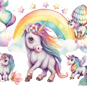 Rainbow Unicorn Clipart - Pony Clipart, Rainbow Stars, Watercolor Unicorn Png, Unicorn Design, Nursery Clipart, Birthday Clipart