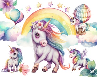Watercolor Rainbow Unicorn Clipart – Nursery & Birthday Design (PNG Digital Download)