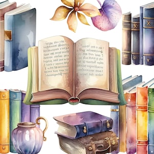 Watercolor Book Clipart - Old Books Bundle Library Clipart, Retro Scrapbooking Reading Clipart, Bookish Clipart Books Stacks, Bookstore