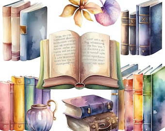 Clipart z akwarelami - Stare książki, biblioteka clipartów, retro scrapbooking, czytanie clipartów, stosy książek, księgarnia
