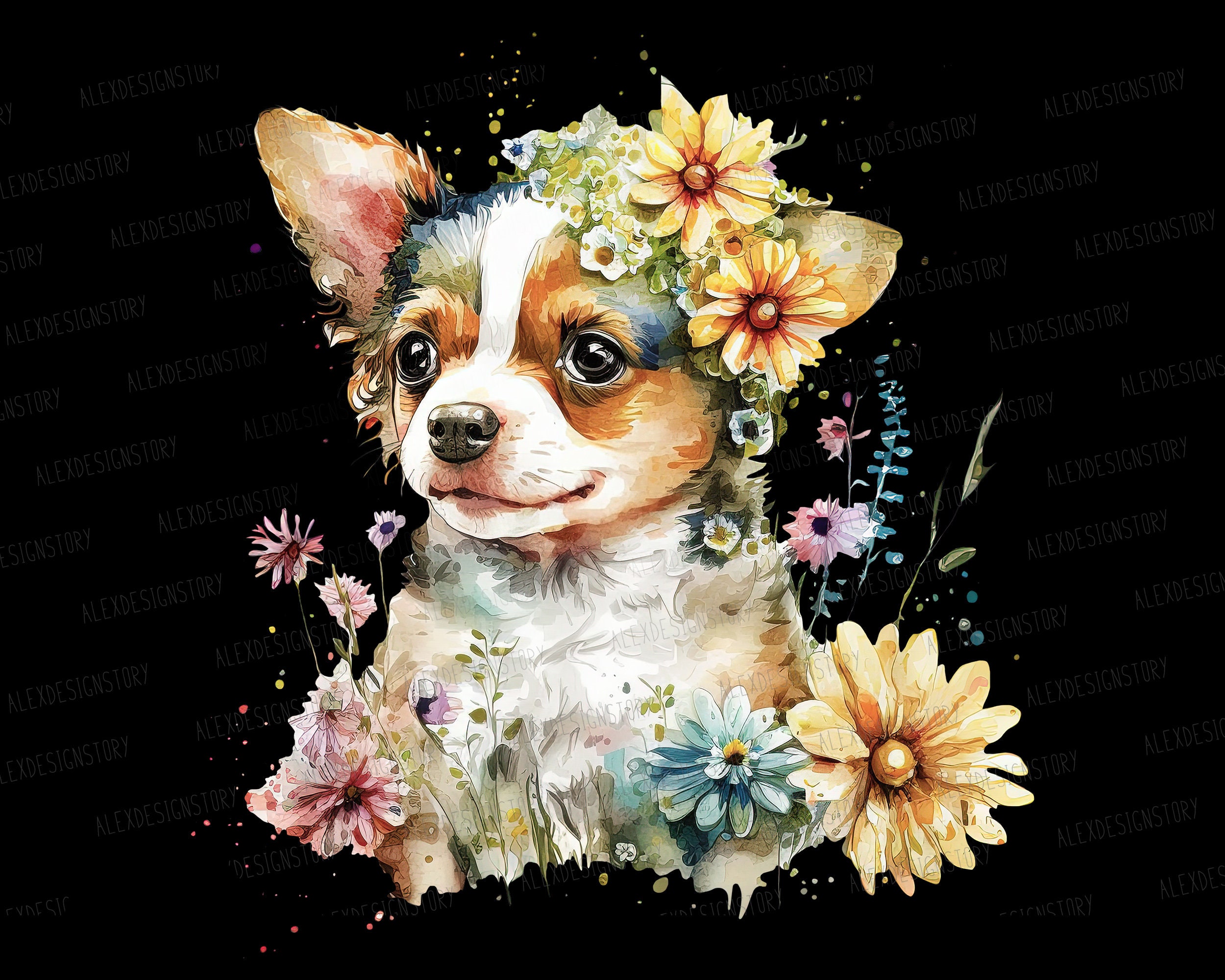 Watercolor Puppy Clipart- Cute Dog With Flowers, Puppy Flowers Dog ...