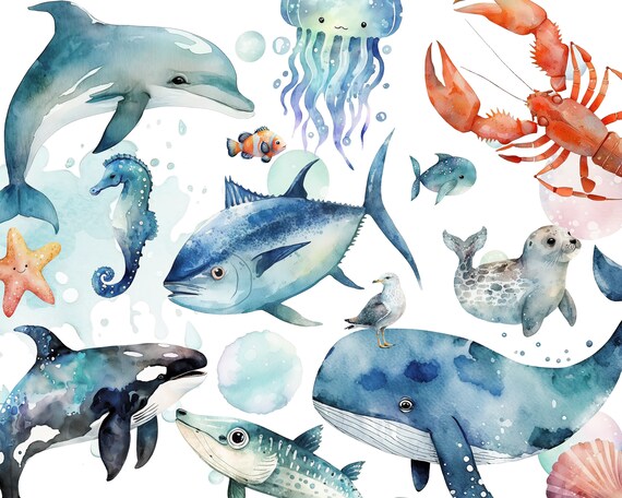 Watercolor Sea Animals Nursery Marine Life Clipart PNG Sealife Clipart Cute Sea Animals png Under The Sea Birthday Clip Art Marine Animals