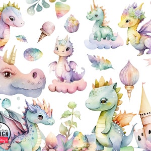 Cute Baby Dragon Clipart - Mystical Animal Nursery Graphics For Kids Watercolor Baby Dragon Bundle, Fantasy Animals Nursery Dragon Decor