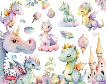 Cute Baby Dragon Clipart - Mystical Animal Nursery Graphics For Kids Watercolor Baby Dragon Bundle, Fantasy Animals Nursery Dragon Decor