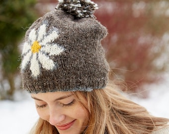 Women&#39;s Daisy Beanie Brown - Daisy Motif Handwarmers - Daisy Headband - Warm Beanie - 100% Wool - Fleece lined - Fair Trade - Pachamama