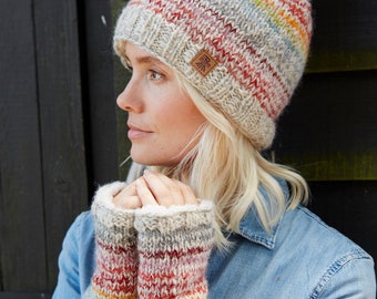 Women's Wool & Mohair Rainbow Beanie - Stripy Bobble Beanie - Soft Headband - Warm Fingerless Gloves - Sherpa Fleece Lined - Pachamama