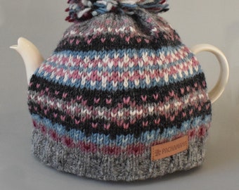 Knitted Fair Isle Tea Cosy - Purple Tea Cozy - 100% Wool Tea Cosie - Traditional Fairisle Knit - Knitted Tea Pot Cover - Pachamama