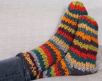 Striped Chunky Knitted Sofa Socks - Warm Cosy Rainbow Lounge Socks - Earth Theme - 100% Wool - Fair Trade - Sustainable Clothing - Pachamama