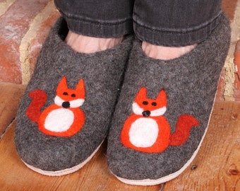 Women's Hand Felted Fox Slippers - Cosy Felt Slippers - 100% Wool - Spring Slippers - Suede Sole - Warm Hygge Style - Fair Trade - Pachamama