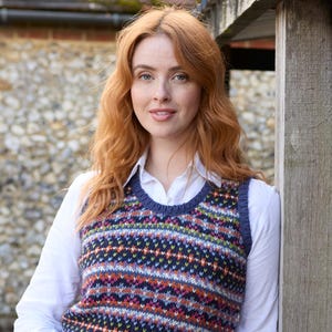 Damen Denim Strick Fair Isle Tank Top - Blauer ärmelloser Strickpullover - Fair Isle Pullover - Strickweste - Retro - 100% Wolle - Pachamama
