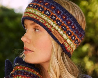 Fascia per capelli Fair Isle lavorata a maglia da donna - Blu, 100% lana / Pachamama