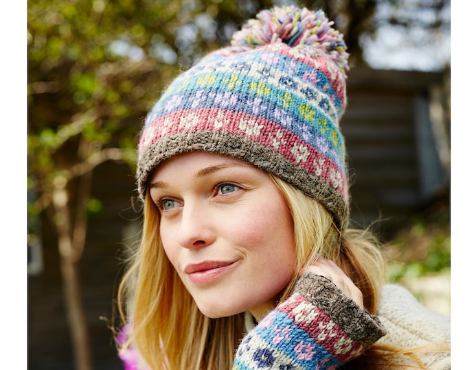 Women's Winter Hat - Fair Isle Bobble Beanie - Pastel Gloves - 100% Wool - Bobble Beanie - Headband - Fleece Lined - Pachamama