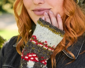 Women's Mushroom Fair Isle Handwarmers: 100% Wool, Pachamama