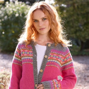 Pink Knitted Fair Isle Cardigan - Pink Fair Isle Cardi - All Season Cardigan - Traditional Fairisle Knit - Grey Cardigan - Pachamama