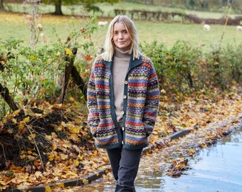 Women&#39;s Cardigan - Knitted in Nepal - Fair Isle Cardigan - Knitted Collar - 100% Wool - Fair Isle - Natural - Green - Denim - Pachamama