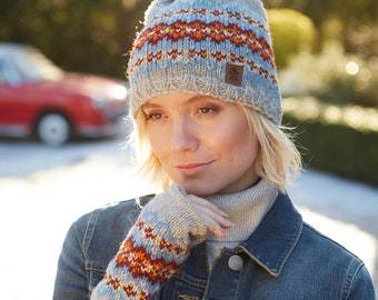 Women's Fair Isle Bobble Beanie - Knitted Gloves - Warm Headband - Zig Zag Beanie - Diamond Pattern Hat - 100% Wool - Oatmeal - Pachamama