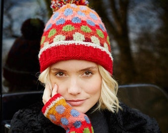 Women's Polka Dot Knitted Hat - Polka Dot Gloves - Dotty Knitted Headband - Knit Fingerless Gloves - Rainbow Polka Dot Beanie - Pachamama