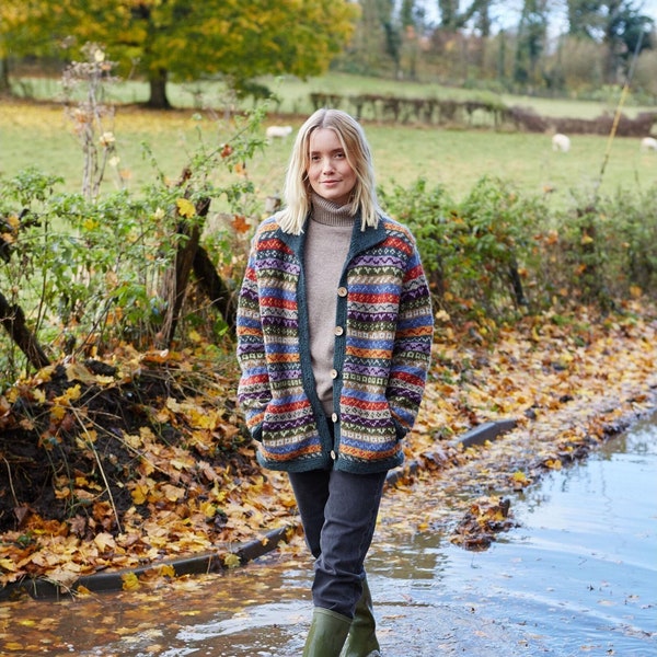 Women's Green Fair Isle Knitted Cardigan - 100% Wool | Pachamama