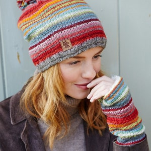 Women&#39;s Hand Knitted Hat - Sunset Clothing - Rainbow Gloves - Knitted Headband - Stripy Gloves - Warm Rainbow Stripe - 100% Wool - Pachamama