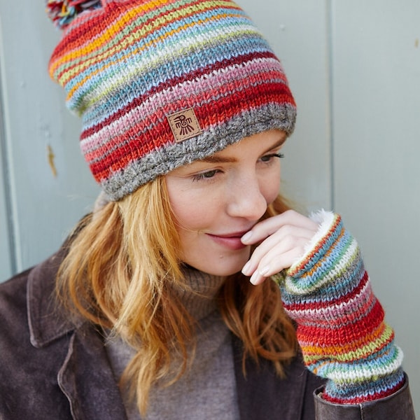 Women's Hand Knitted Hat - Sunset Clothing - Rainbow Gloves - Knitted Headband - Stripy Gloves - Warm Rainbow Stripe - 100% Wool - Pachamama