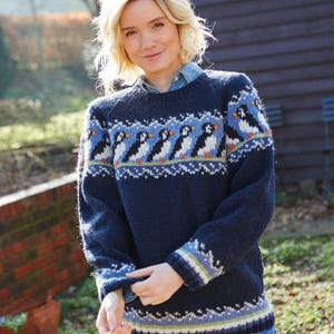 PachamamaWoollies Puffin Sweater Knitted Jumper Navy Blue Sweater Animal Jumper Oversized Grandad Pullover Fair Trade 100 Wool Pachamama