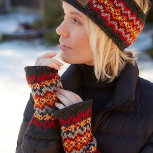 Women&#39;s Fair Isle Bobble Beanie - Knitted Gloves - Warm Headband - Zig Zag Beanie - Diamond Pattern Hat - 100% Wool - Charcoal - Pachamama
