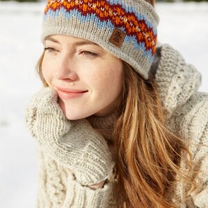 Women's Knitted Fair Isle Headband, Handwarmers, Bobble Beanie - Oatmeal, 100% Wool | Pachamama