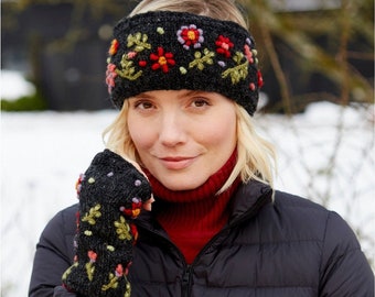 Women's Floral Embroidered Knitted Hat - Embroidered Flower Pattern - Black Knit Gloves - Warm Knitted Headband - 100% Wool - Pachamama
