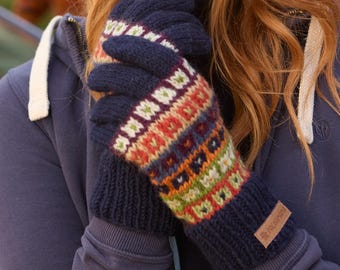 Women's Knitted Fair Isle Gloves - Blue, 100% Wool | Pachamama
